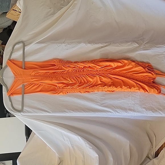Ruched Racerback Orange Mini Dress - Picture 3 of 5
